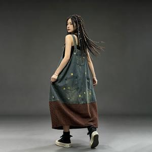 Red Gingham Patchwork Dot Embroidery Denim Slip Dress