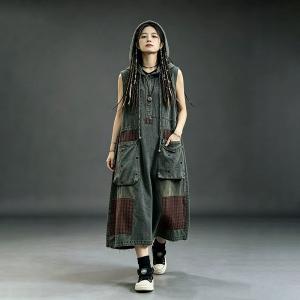 Plaid Patchwork Sleeveless Hooded Shift Dress