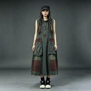 Plaid Patchwork Sleeveless Hooded Shift Dress