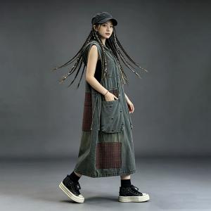 Plaid Patchwork Sleeveless Hooded Shift Dress