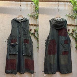 Plaid Patchwork Sleeveless Hooded Shift Dress