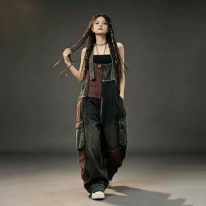 Red Patchwork Relaxed Black Overalls