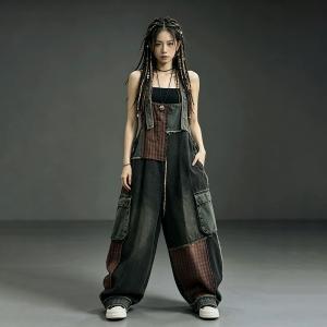 Red Patchwork Relaxed Black Overalls