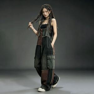 Red Patchwork Relaxed Black Overalls