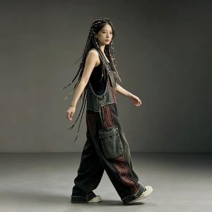 Red Patchwork Relaxed Black Overalls