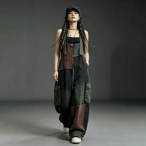 Red Patchwork Relaxed Black Overalls