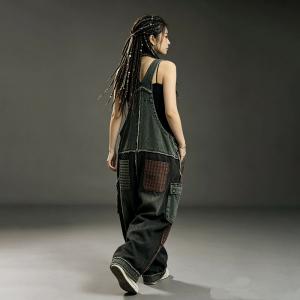 Red Patchwork Relaxed Black Overalls