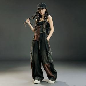Red Patchwork Relaxed Black Overalls
