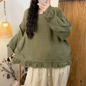 Ruffled Hem Long Sleeves Linen Blouse