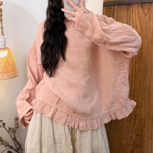 Ruffled Hem Long Sleeves Linen Blouse