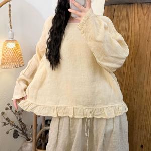 Ruffled Hem Long Sleeves Linen Blouse