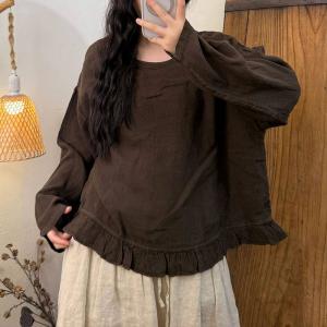 Ruffled Hem Long Sleeves Linen Blouse