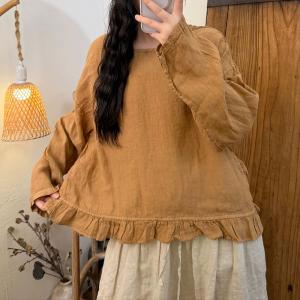 Ruffled Hem Long Sleeves Linen Blouse