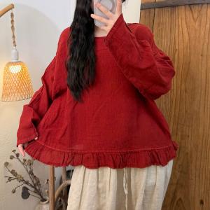 Ruffled Hem Long Sleeves Linen Blouse