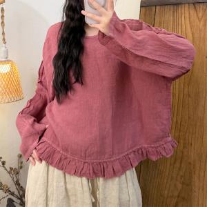 Ruffled Hem Long Sleeves Linen Blouse