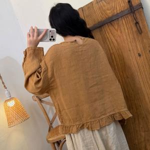 Ruffled Hem Long Sleeves Linen Blouse