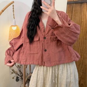 Front Pockets Linen Drawstring Jacket