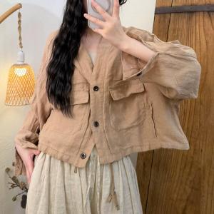 Front Pockets Linen Drawstring Jacket