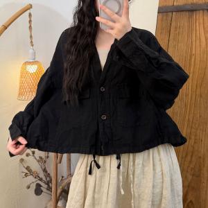 Front Pockets Linen Drawstring Jacket