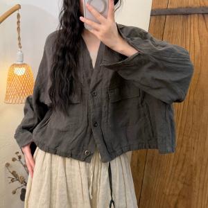 Front Pockets Linen Drawstring Jacket