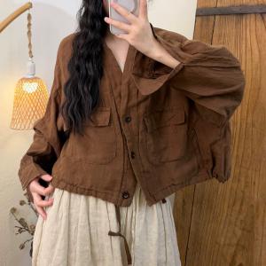 Front Pockets Linen Drawstring Jacket