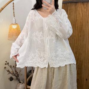 Flare Sleeves Cotton Elegant Embroidered Blouse
