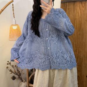Flare Sleeves Cotton Elegant Embroidered Blouse