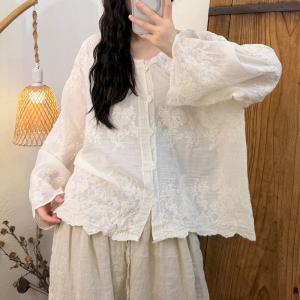 Flare Sleeves Cotton Elegant Embroidered Blouse