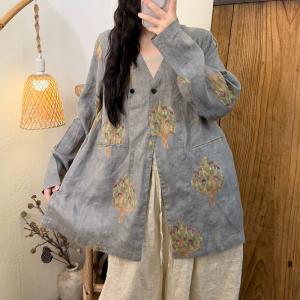 Comfort Linen Flowers Patterned Midi Blazer