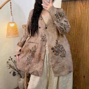 Comfort Linen Flowers Patterned Midi Blazer