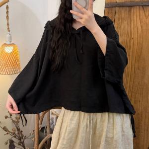 Bat Sleeves Drawstring Linen Hooded Cloak