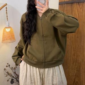 Solid Color Cotton Front Zip Baseball Jacket