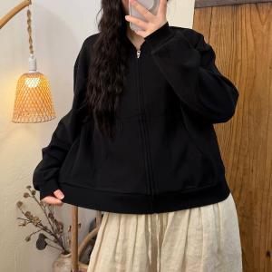 Solid Color Cotton Front Zip Baseball Jacket