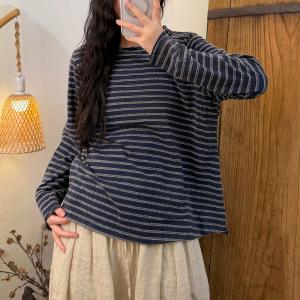 Casual Chic Long Sleeves Cotton Striped T-shirt