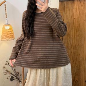 Casual Chic Long Sleeves Cotton Striped T-shirt
