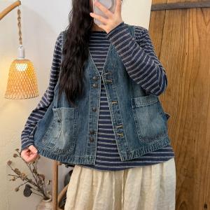 Front Pockets Botton Down Denim Vest