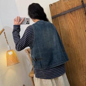 Front Pockets Botton Down Denim Vest