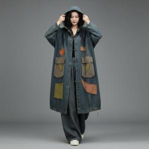 Colorful Patchwork Plus Size Large Hooded Jean Coat
