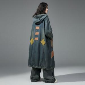 Colorful Patchwork Plus Size Large Hooded Jean Coat