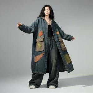 Colorful Patchwork Plus Size Large Hooded Jean Coat