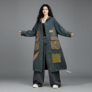 Colorful Patchwork Plus Size Large Hooded Jean Coat