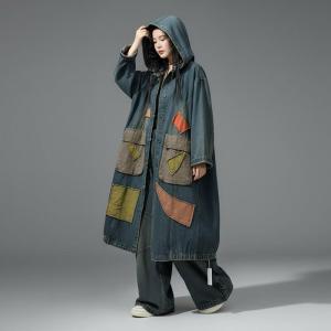 Colorful Patchwork Plus Size Large Hooded Jean Coat