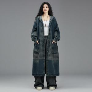 Gingham Patchwork Large Size Blue Hooded Coat