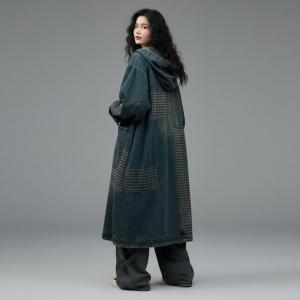 Gingham Patchwork Large Size Blue Hooded Coat