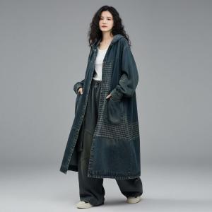 Gingham Patchwork Large Size Blue Hooded Coat
