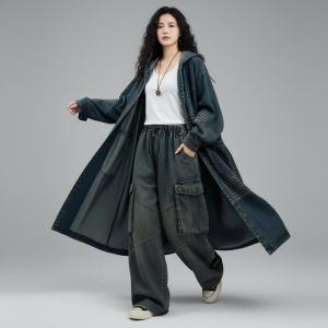 Gingham Patchwork Large Size Blue Hooded Coat