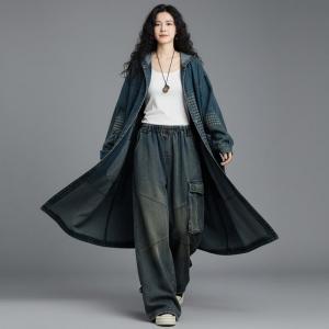 Gingham Patchwork Large Size Blue Hooded Coat