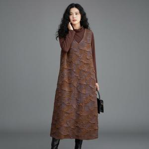 Coffee Loose Pleated Sundress with Long Sleeves Basic Tee