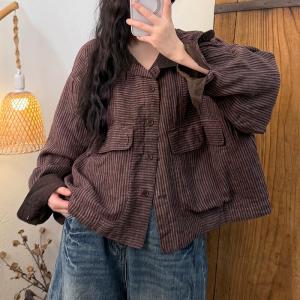Big Flap Pockets Linen Striped Jacket
