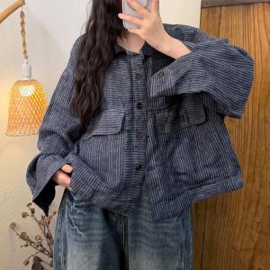 Big Flap Pockets Linen Striped Jacket